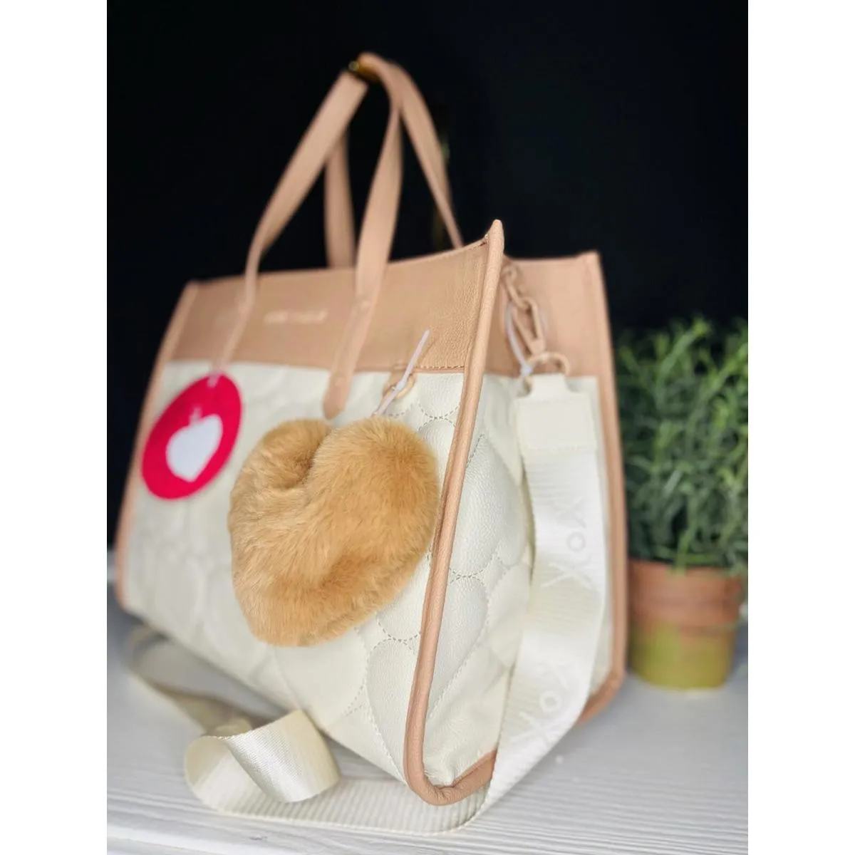 Betsey Johnson XO Becca Quilted Tote Satchel Beige & Cream Fuzzy Heart Charm NWT - Image 2