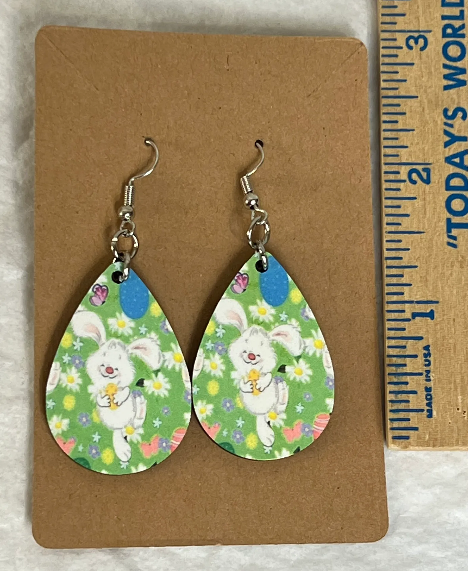 Easter Bunny Green Teardrop Dangle Pierced Earrings - Image 3