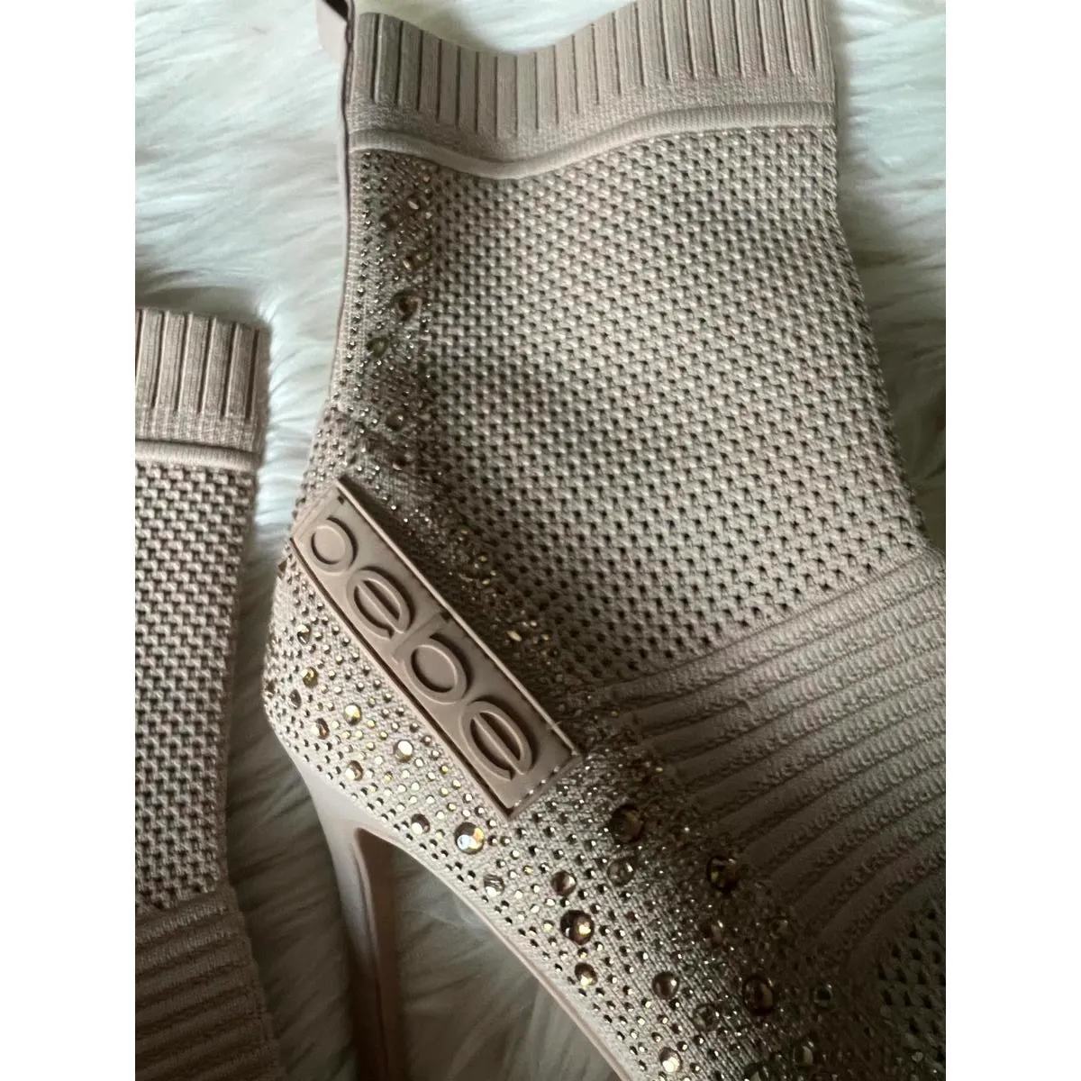 Bebe Beige Knit High Heel Ankle Boots with Rhinestone Detail - Image 3
