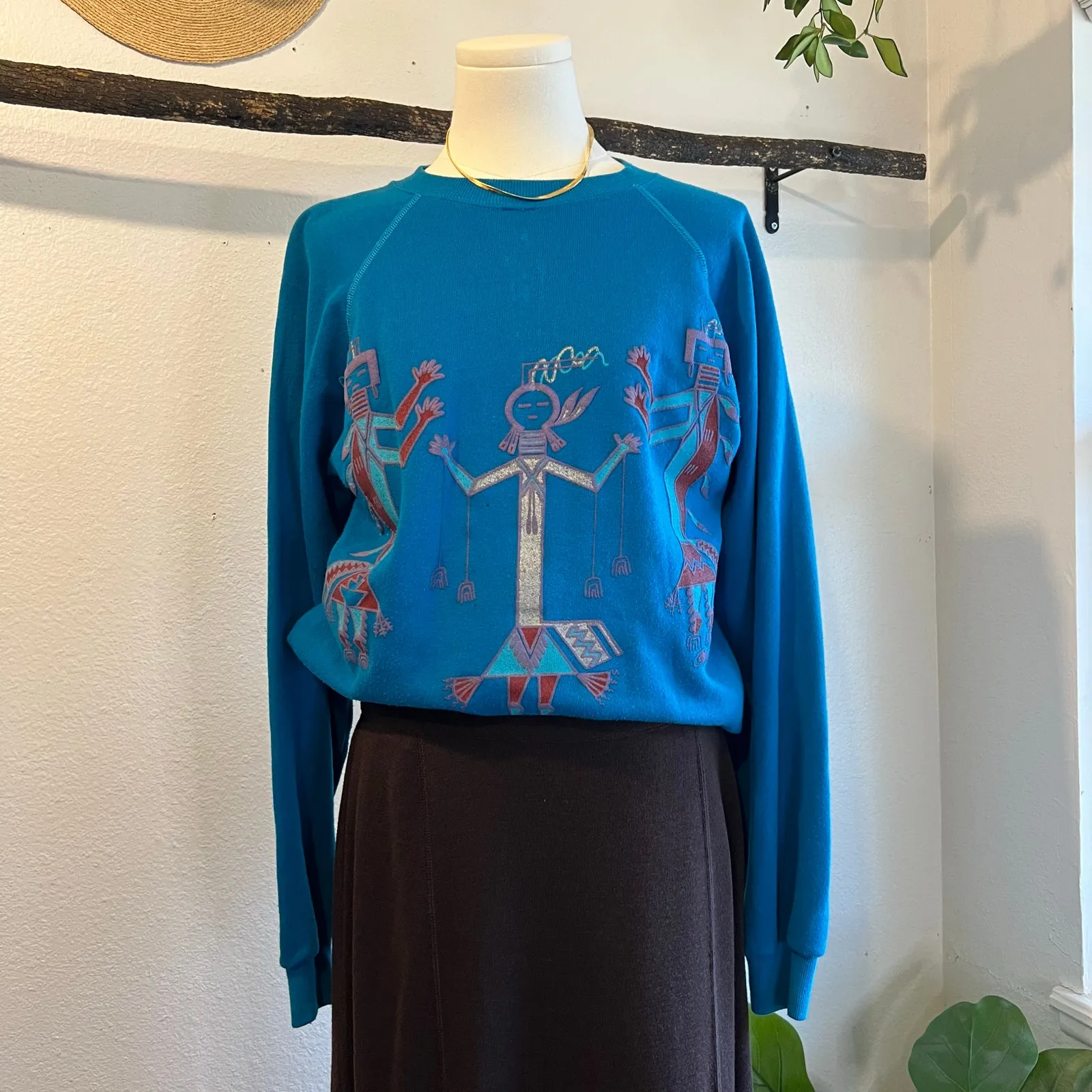 Hanes Vintage 90s Blue Southwestern Painted Crewneck Sweater USA Size M - Image 13