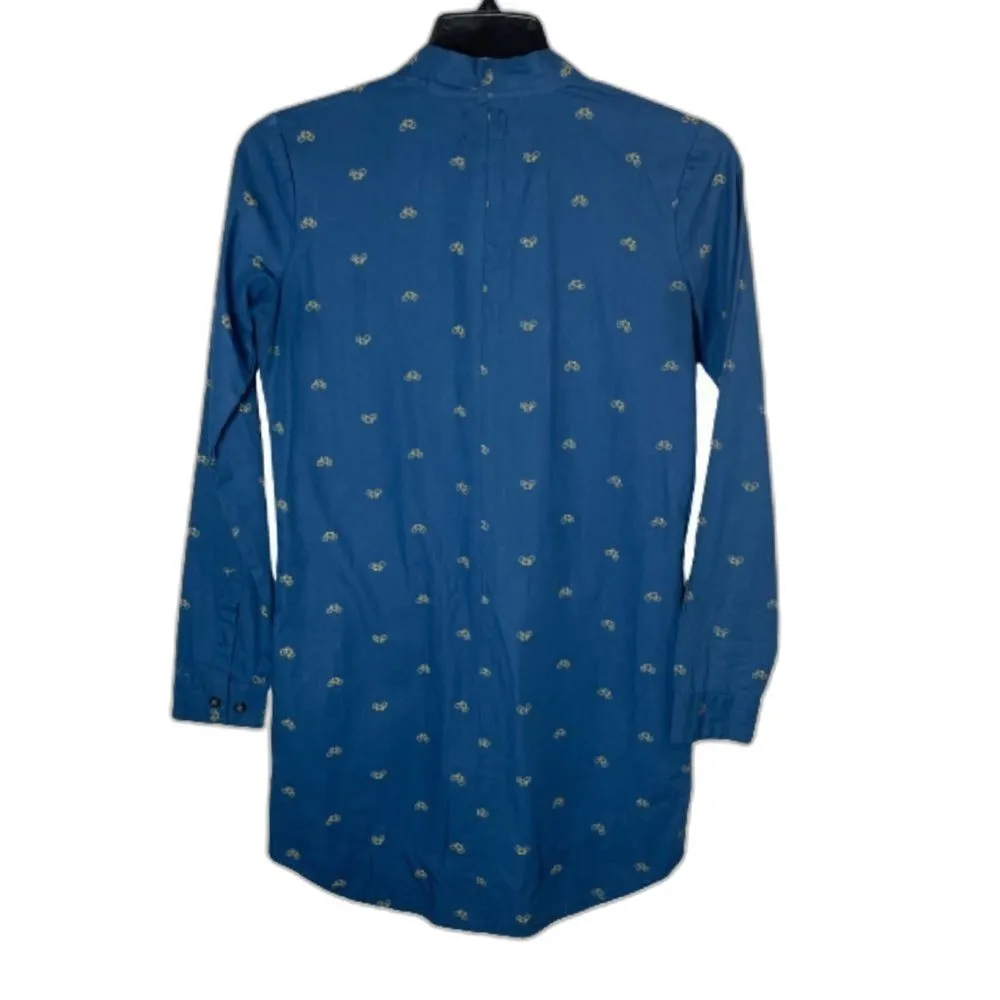 LONG SLEEVE BUTTON FRONT shirt dress SMALL novelty bike print blue - Image 3