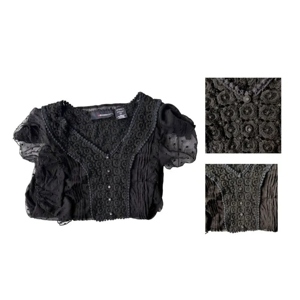 Denim 24 7 Blouse 14W Black Semi Sheer Swiss Dots Flutter Sleeves Crochet - Image 9