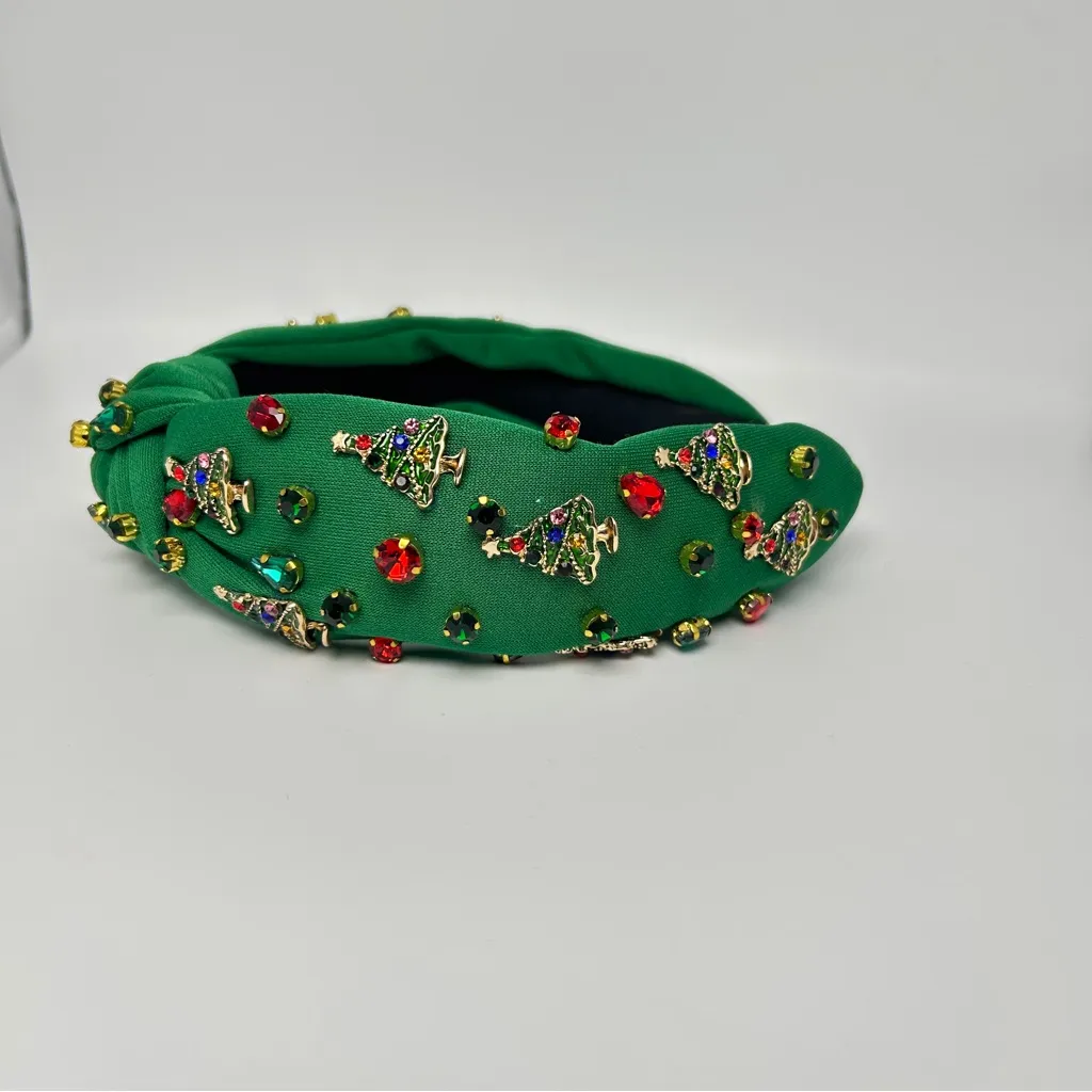 Green Embellished Knot Headband Christmas Tree Rhinestone Jewels One Size - Image 3