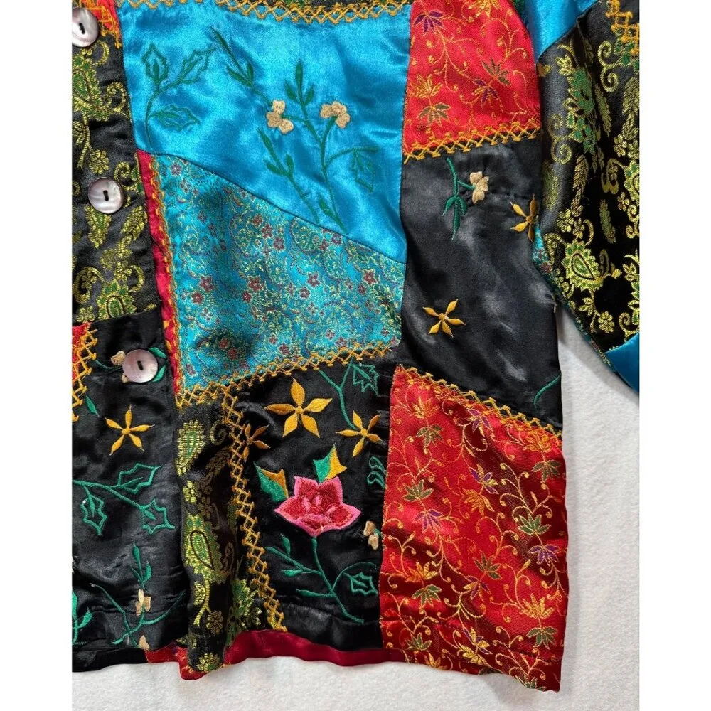 Coldwater Creek Satin Patchwork Jacket Asian Floral Art to Wear Top Womens L Vtg - Image 5