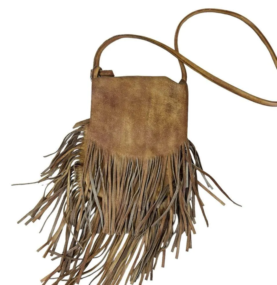 Monserat Lucca Fringe Flap Shoulder Crossbody Bag Leather Taupe Brown Bohemian - Image 2