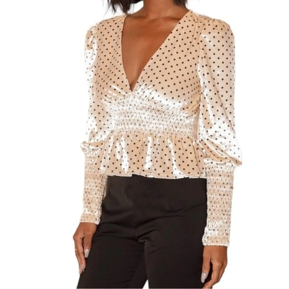 Lulus Top Chic Upgrade Champagne Polka Dot Velvet Smocked Blouse Size Small - Image 3