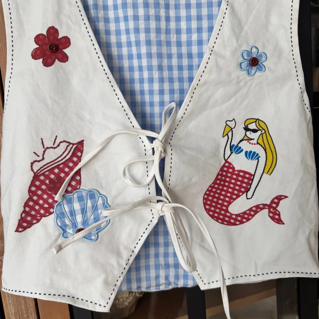 Cider Reversible tie front top Gingham Shell embroidered Mermaid bows Vest - Image 3