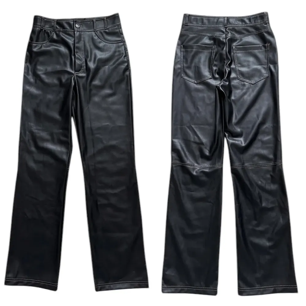 NWT ZARA Pants Faux Leather Vegan Straight Leg Contrast Stitching Black Size M - Image 15
