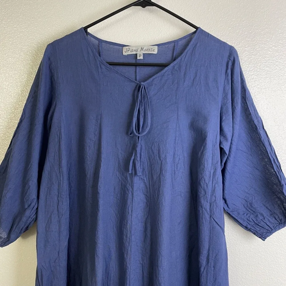 JP and Mattie Tie Neck Dress Blue Crop Sleeves Boho Lagenlook Cotton Size P - Image 3