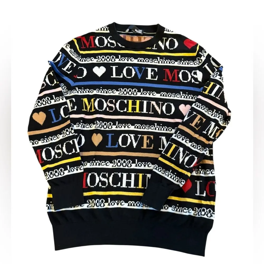 Love Moschino Pullover Crew Neck Sweater All Over Logo Multicolor Womens Size 2 - Image 2