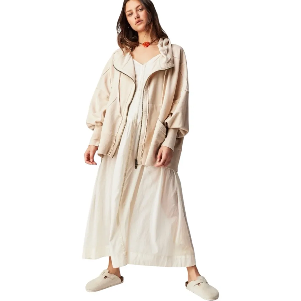 New We the Free Camden Zip Up Hoodie Summer Khaki Cream Oversized Sweatshirt S - Image 3