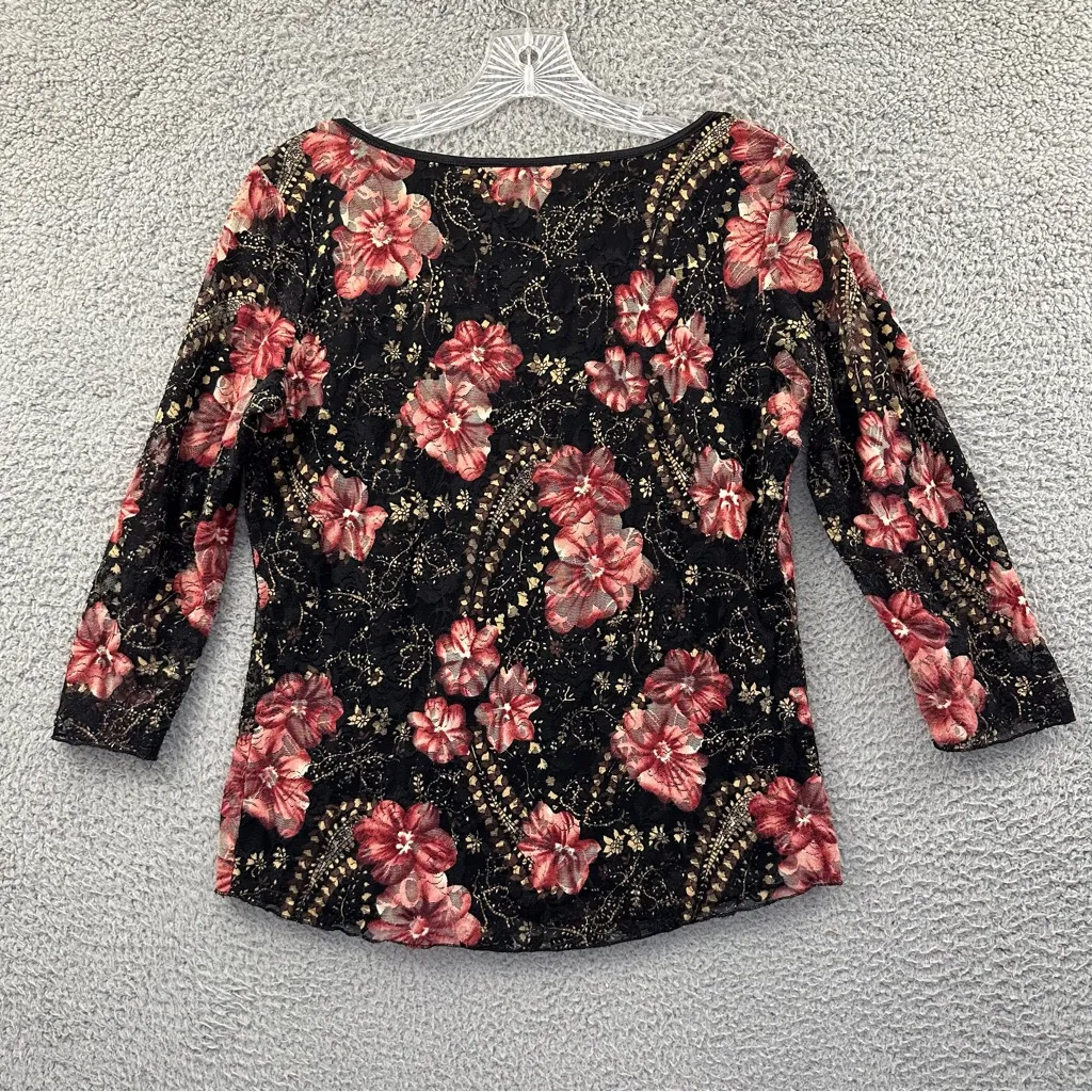 Y2K Serenade NY 3/4 Sleeve Scoop Neck Floral Top Lace Fairy Grunge Whimsigoth M‎ Black Size M - Image 4