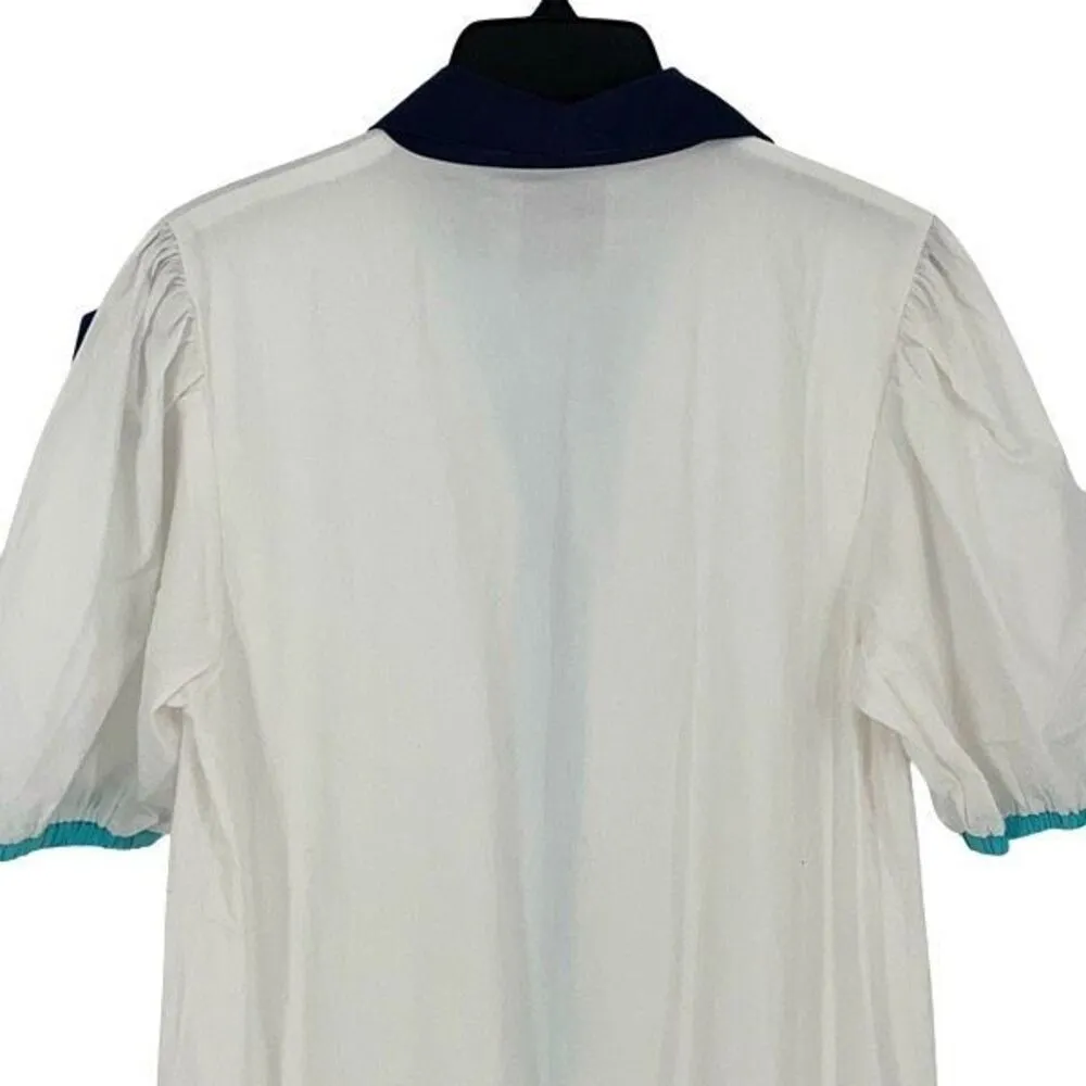 ADDISON BAY ISLE DRESS 100% Poplin Cotton White Blue Pipping Drop Waist Midi Sma - Image 7