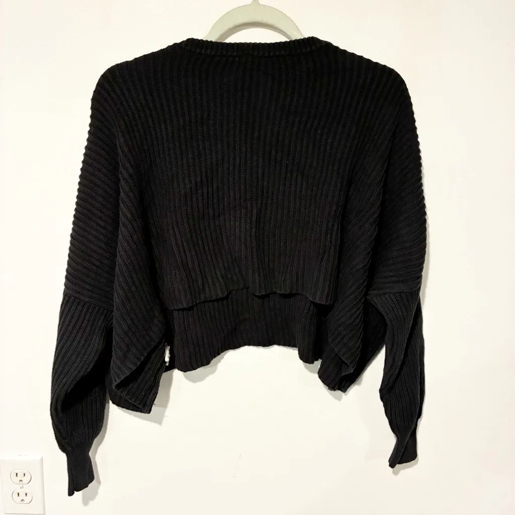 Free People Black Ribbed Cropped Oversized Crewneck Sweatshirt Thick Knit XS - Image 5