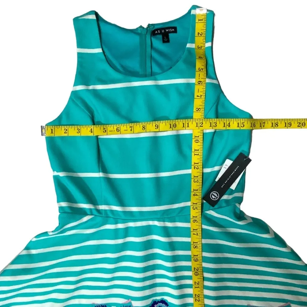 As U Wish Cut Out Skater Dress Mini Flare Stripe Floral White Teal Junior Large - Image 5