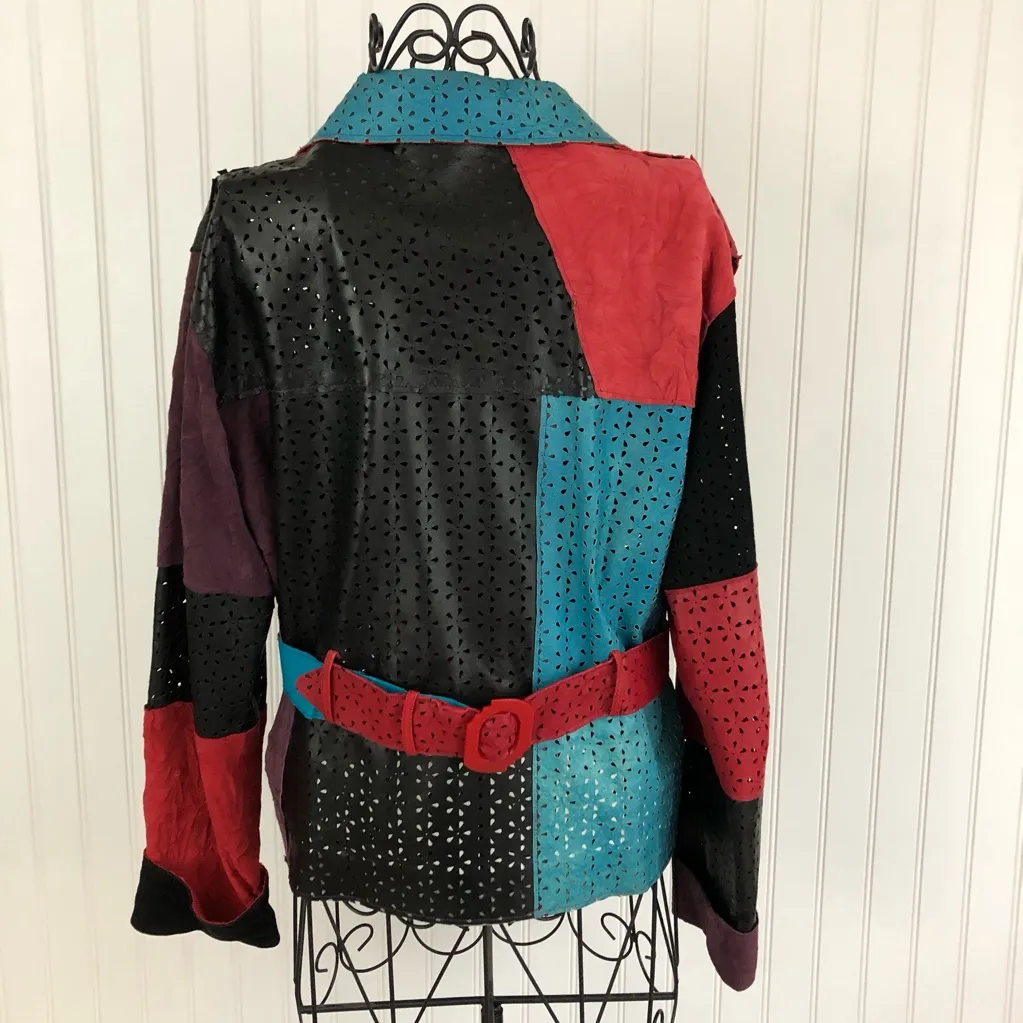 Vintage Grownbeans Red & Blue Leather & Suede Jacket with Asymmetrical Patchwork Size L - Image 2