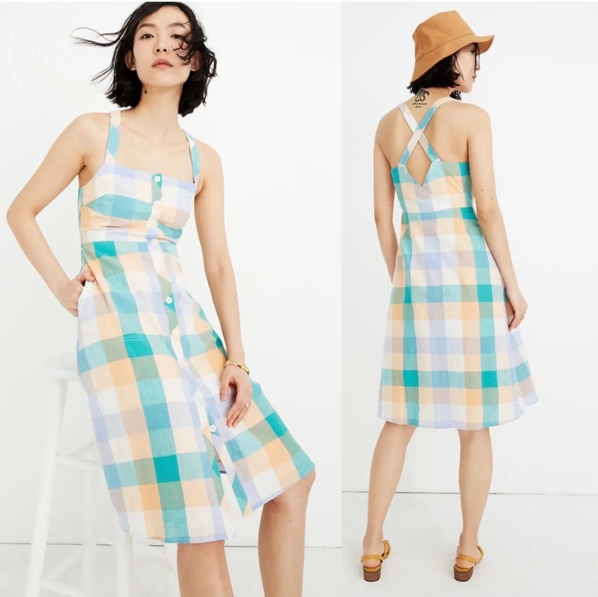 Madewell Tank Button Front Midi Dress in Rainbow Check Size 12 - Image 2