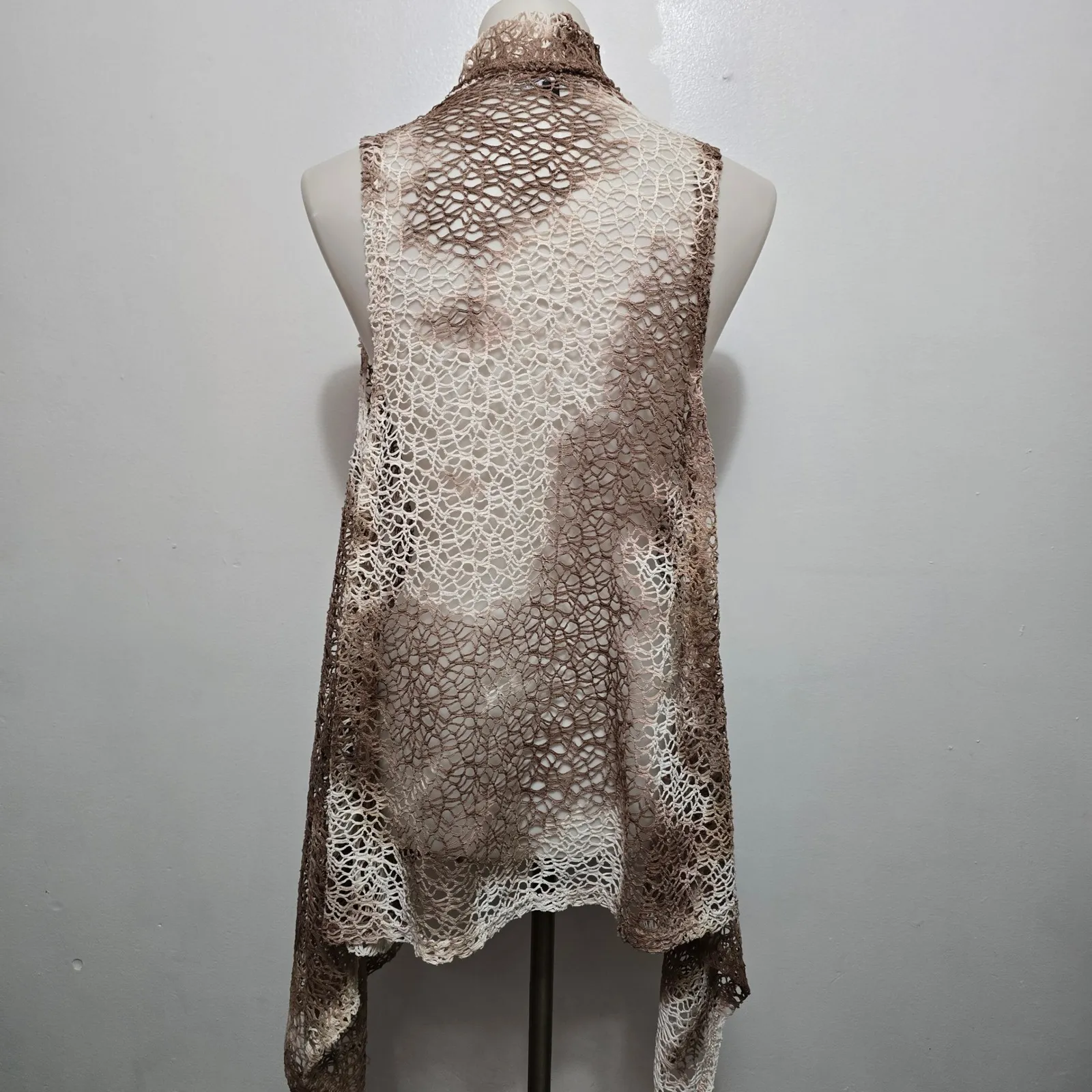 ADORE Tie Dye Lace Crochet Open Front Sleeveless Vest XL Boho Festival Brown - Image 5