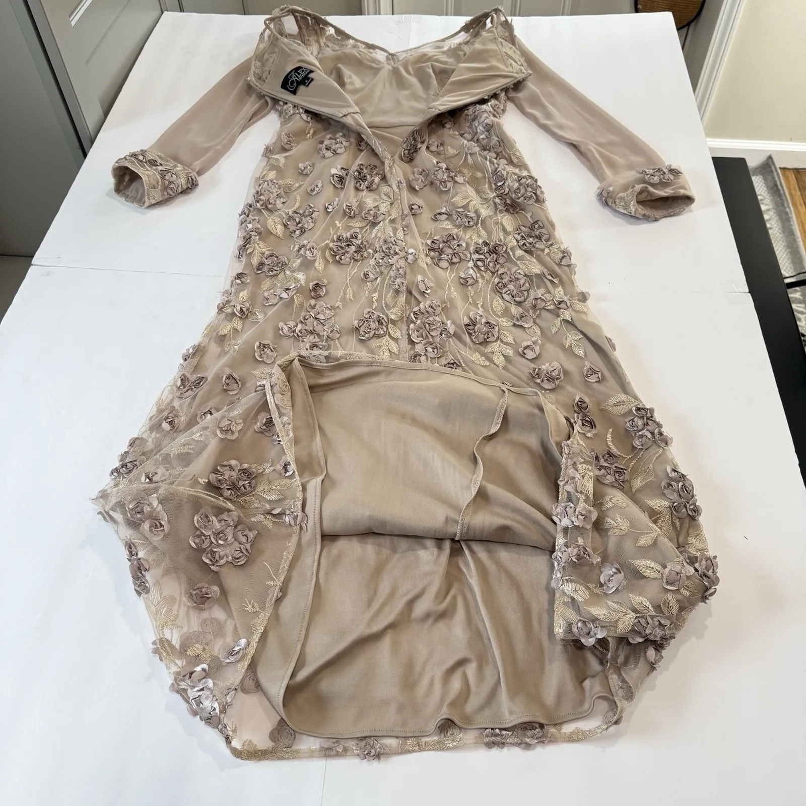 Alex Evenings Champagne Floral Rosette Embroidery Illusion Sleeve Dress‎ Size 6 - Image 7