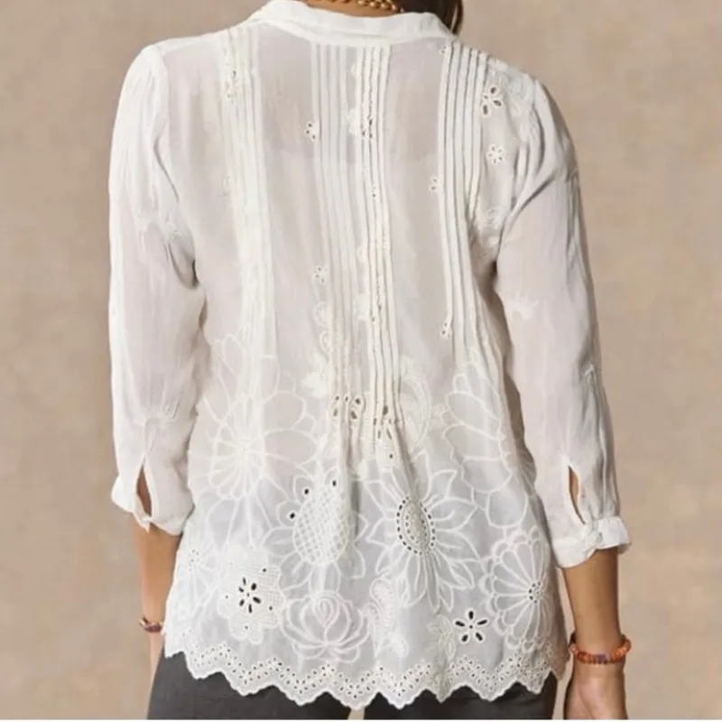 Johnny Was White Lemmi Blouse - Jazlynn Eyelet Fairy Roll Tab Sleeve Size S - Image 3