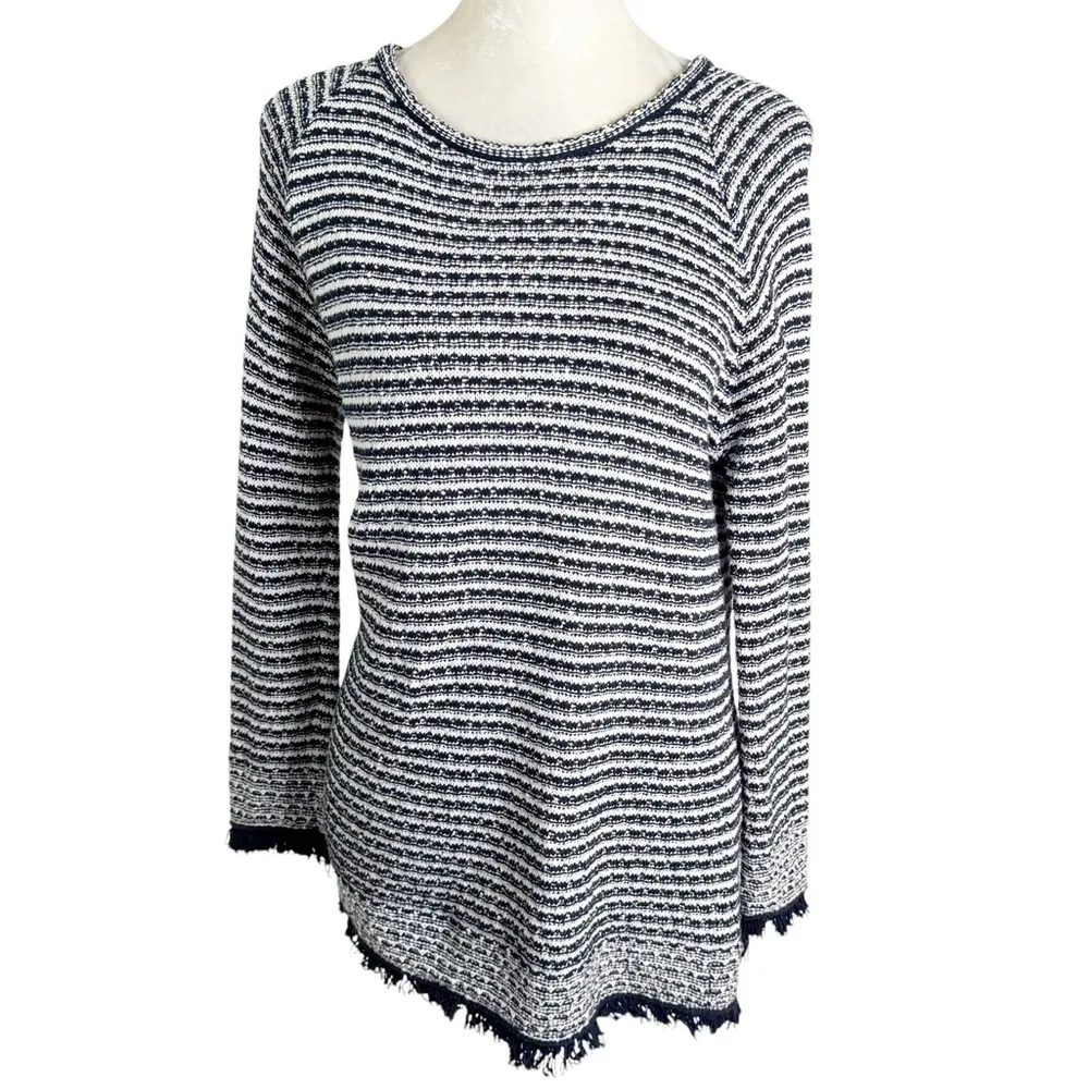Kinross Cotton White & Navy Lattice Knit Cotton Sweater Size XS Blue - Image 2
