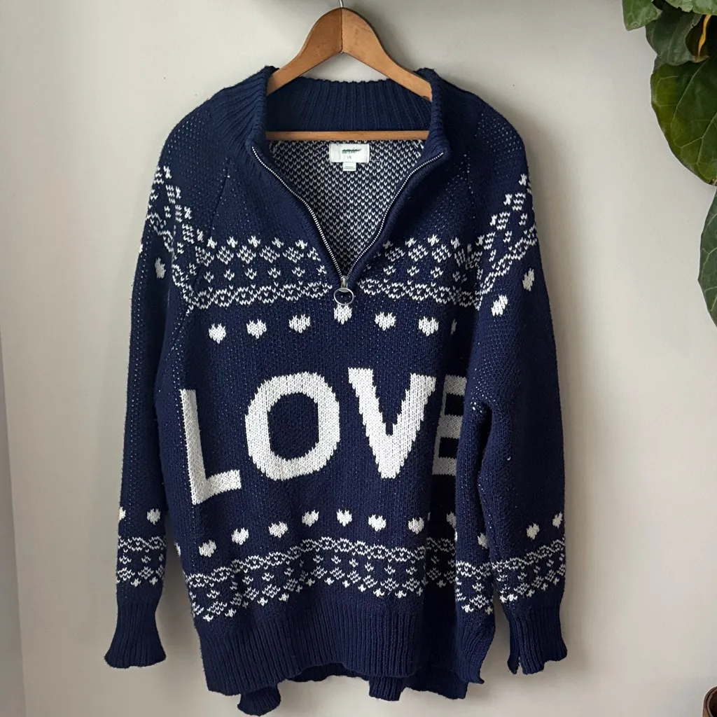 Aerie Festive Feels Quarter Zip Sweater Blue LOVE Cozy Cabin Isle Knit Pullover - Image 5