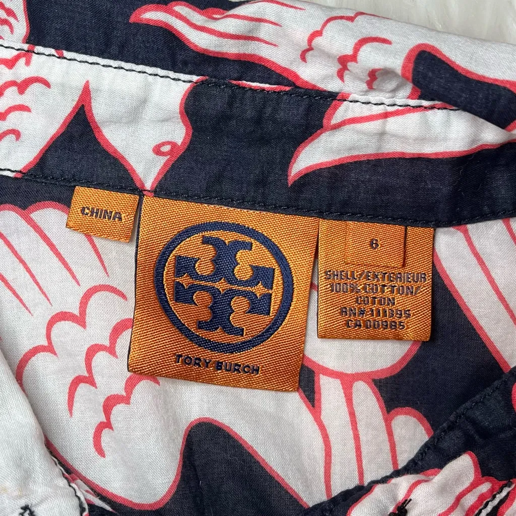 Tory Burch Navy Blue Pink White Bird Patterned Blouse size 6 semi sheer - Image 3