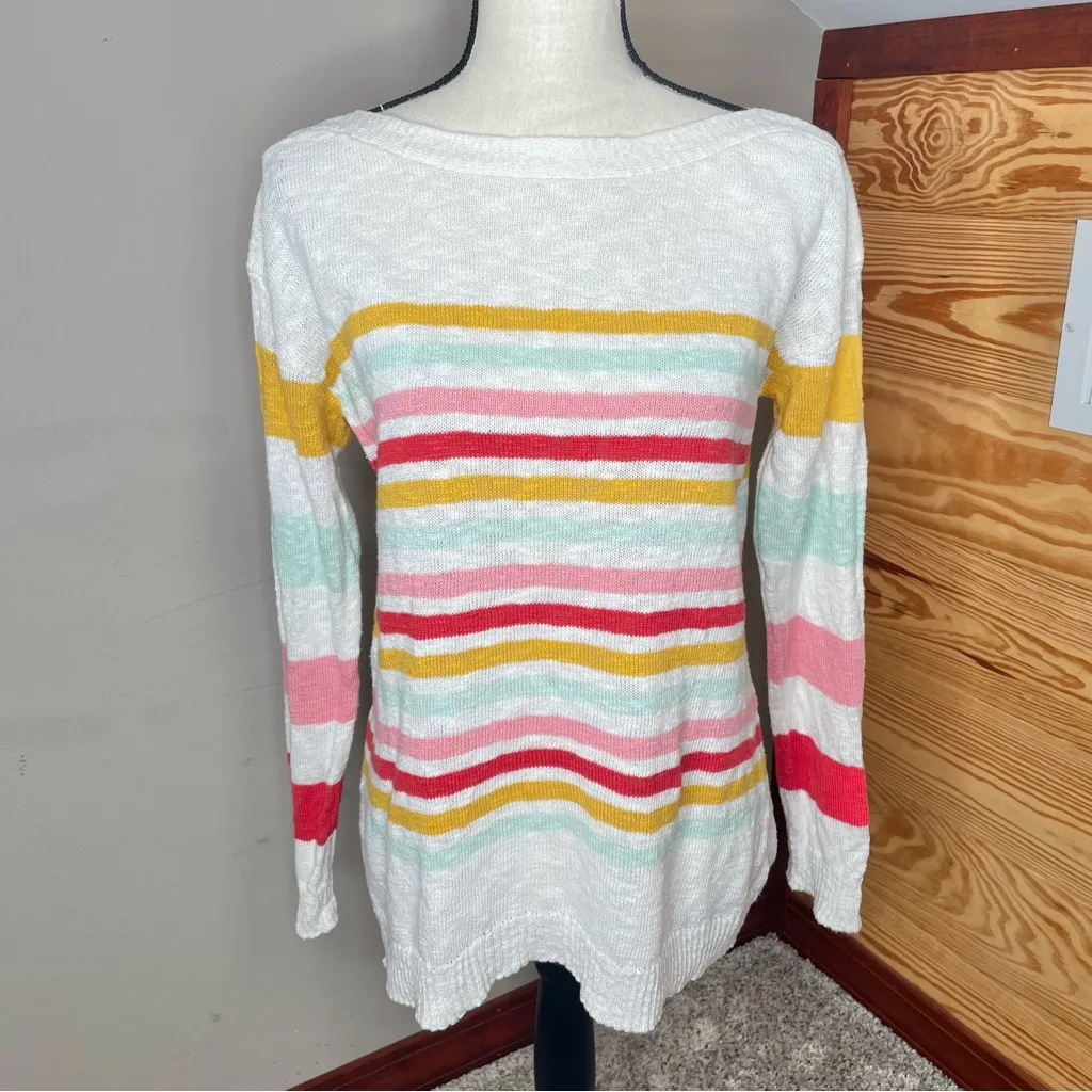 Talbots Slub Boatneck Pullover Sweater Beachy Stripe Medium White Multicolor - Image 2