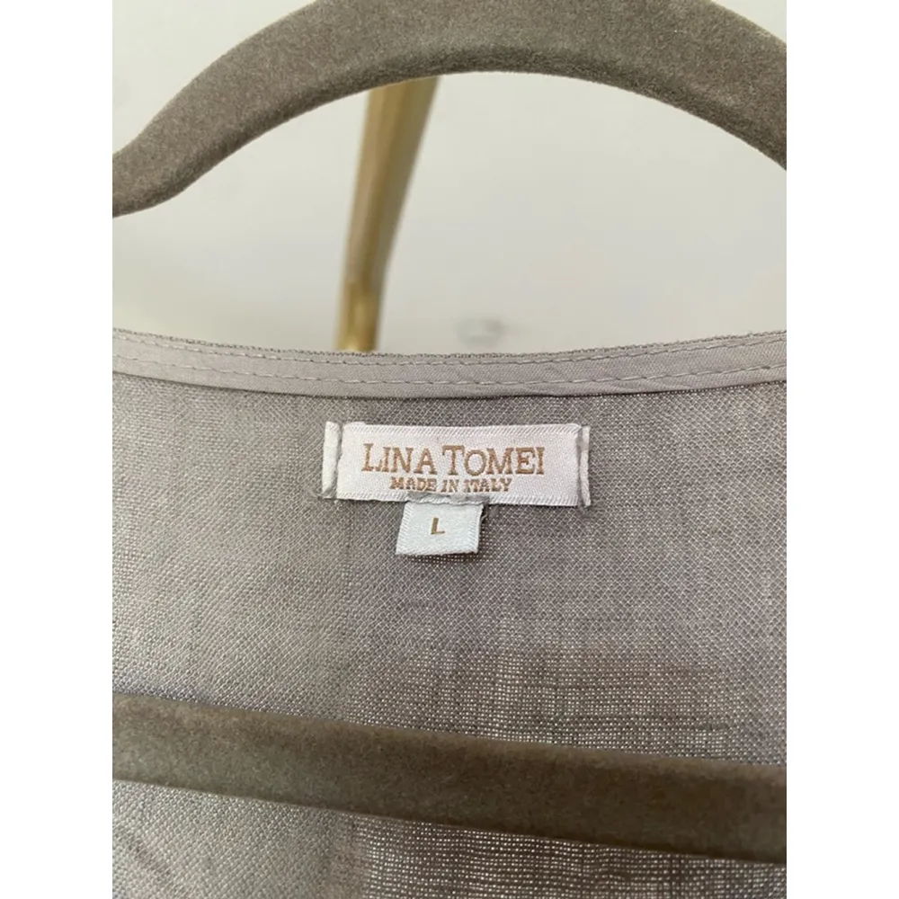 Lina Tomei Italian Linen Dress Taupe Shift Beaded Jewel Neckline Pockets Summer Gray Size L - Image 6