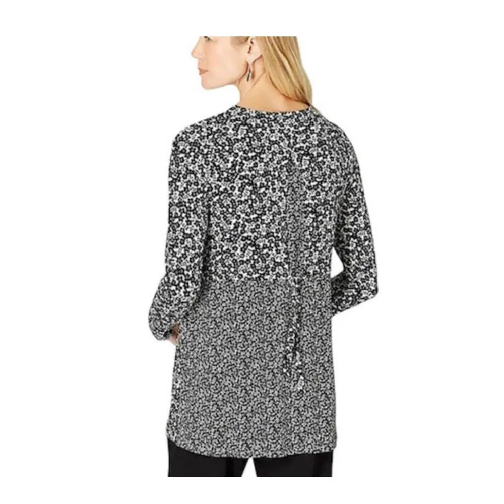 J Jill Wearever Floral Tie Back Long Sleeve Blouse Size Medium Black - Image 8