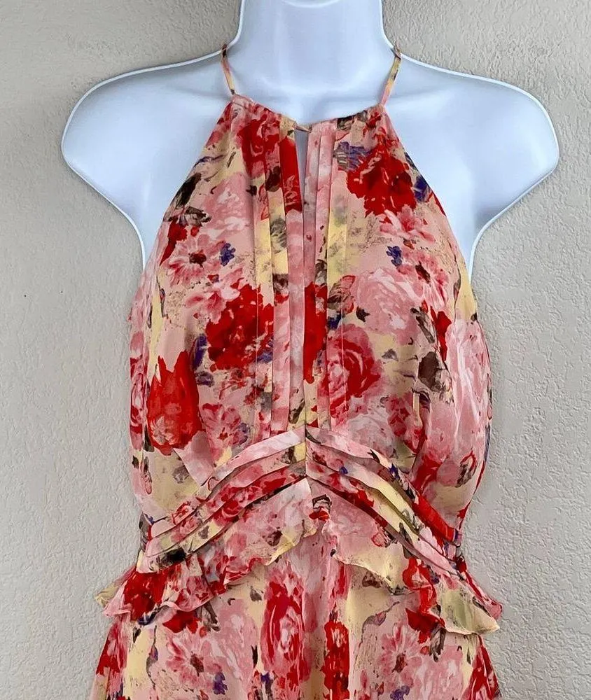 Floret Studios Pink Multi Floral Chiffon Ruffle Halter A-Line Mini Dress XS NWOT - Image 6