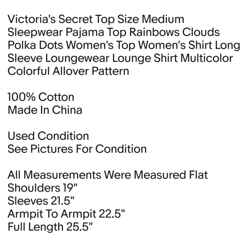 Victoria's Secret Top Size Medium Sleepwear Pajama Top Rainbows Clouds Polka Dots Women's Top - Image 2