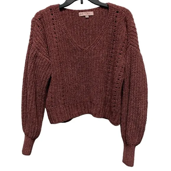 Crave Fame Pullover Womens Large Crop Sweater Bishop Sleeve Knit - Image 1