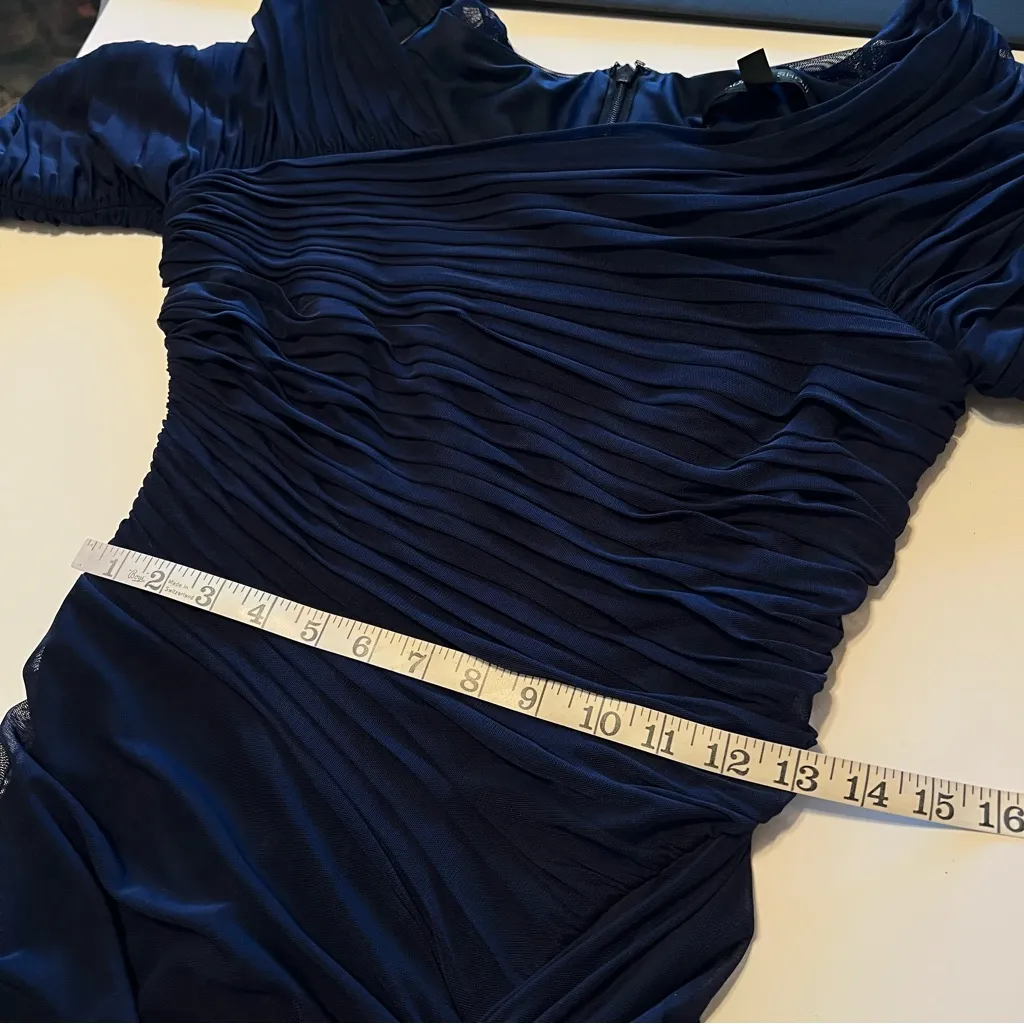 Tadashi Shoji asymmetric draped mesh gown, navy blue, ruched mesh layer, size S - Image 6