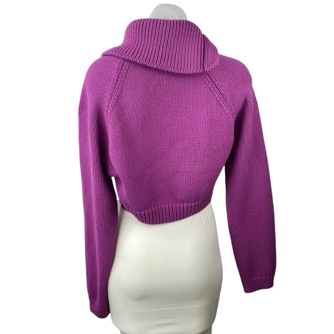 Zara Purple Pink Chunky Knit Asymmetric Collar Button Long Sleeve Crop Sweater S - Image 3