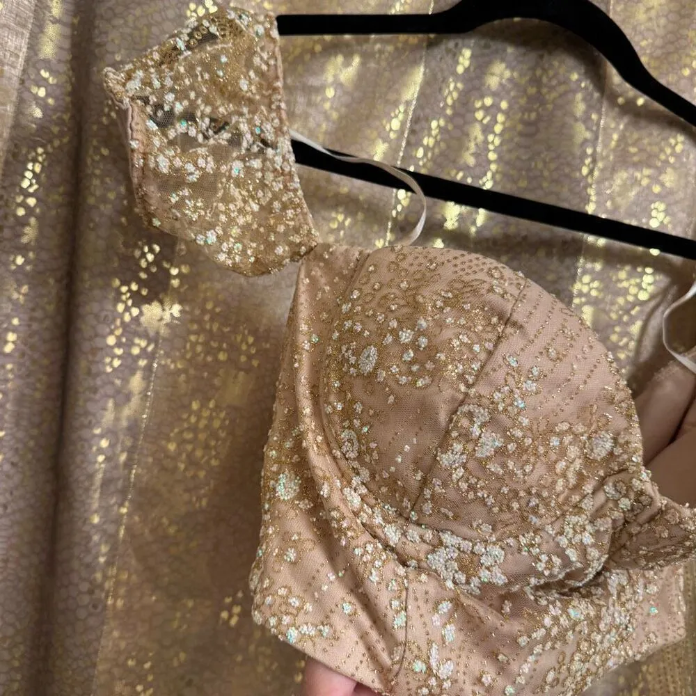BLITHE Skirt Shorts Top Set Nude Sparkly Gold Glittery Mesh Girly Outfit XS/S - Image 2