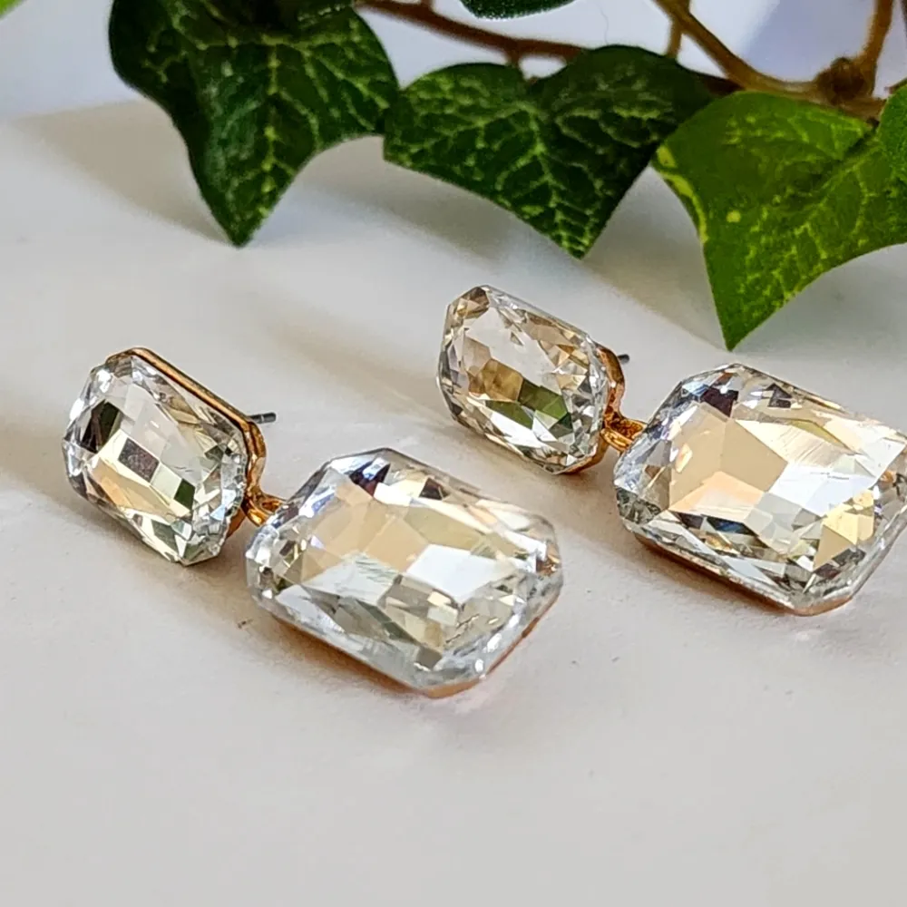 Gold Emerald Cut Crystal Drop Earrings - Image 2