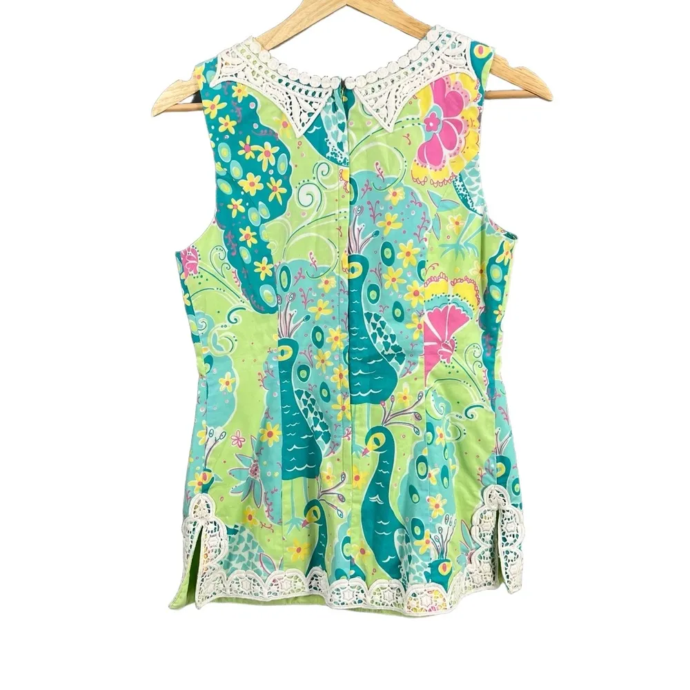 Lilly Pulitzer Top Tunic Green Southern Belle Peacock Print Lace Trim VNeck 0 - Image 3