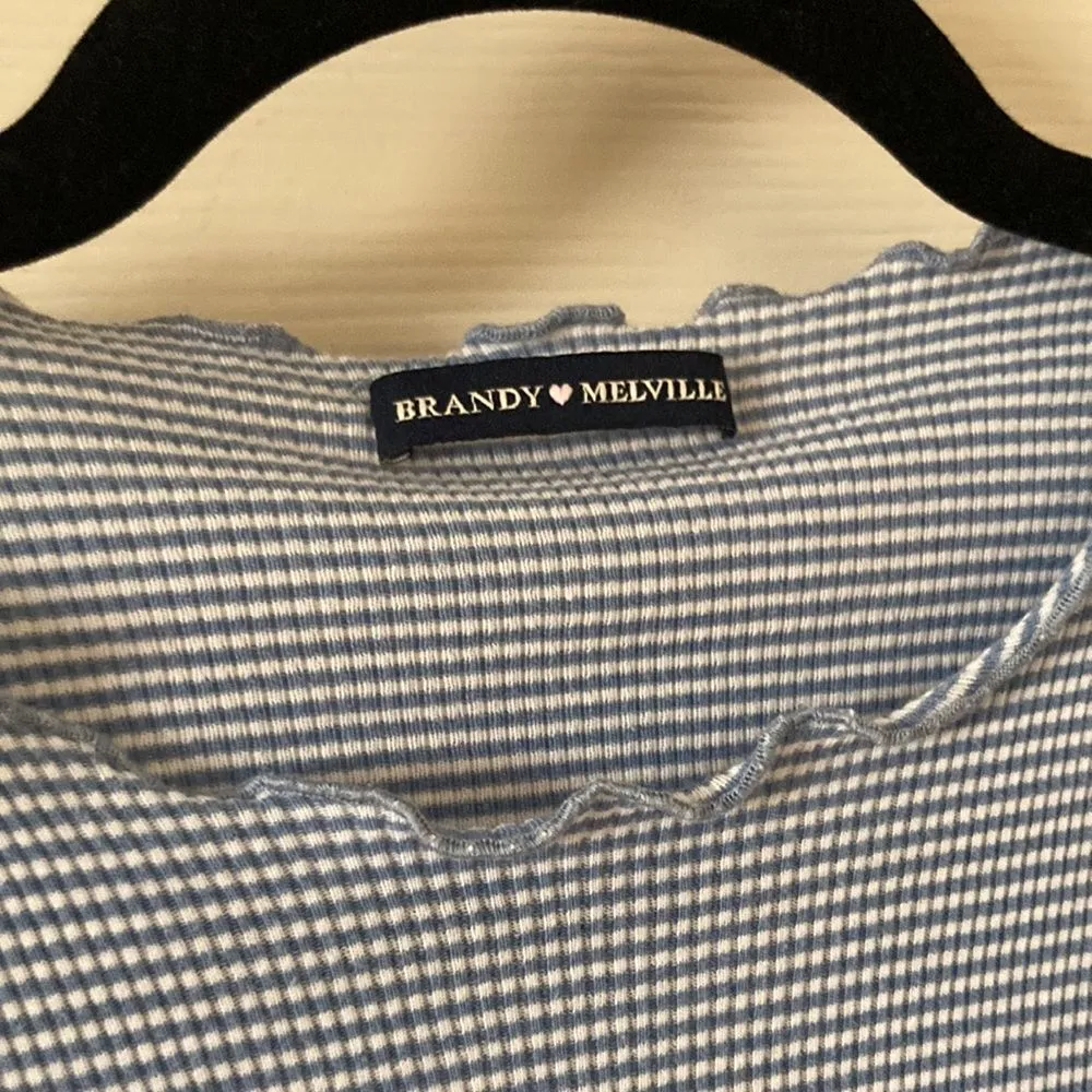 Brandy Melville Lizzy Crop T-Shirt Blue Striped Lettuce Trim Ruffles Baby Small - Image 3