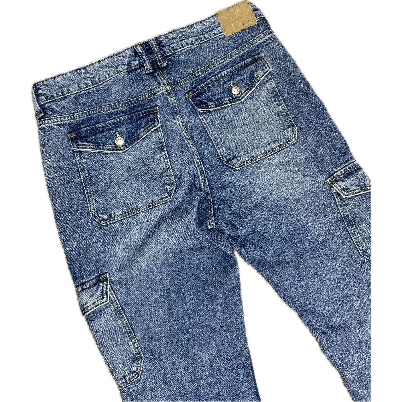 Aeropostale Women’s Mid Rise Flare Cargo Jeans Blue‎ Denim Y2K Wide Leg Pants 14 Blue - Image 4