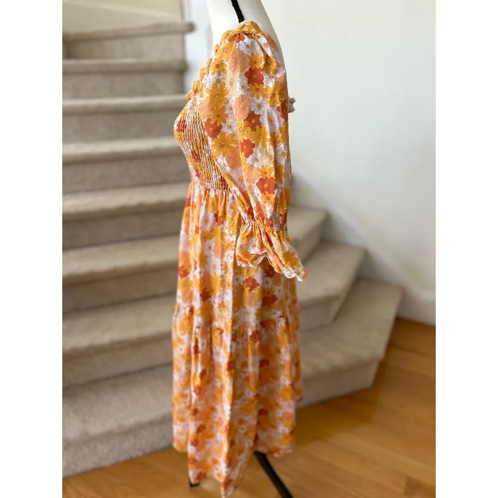 Charlie Holiday Amber 70s Orange Floral Puff Sleeve Shirred Midi Dress - Image 3