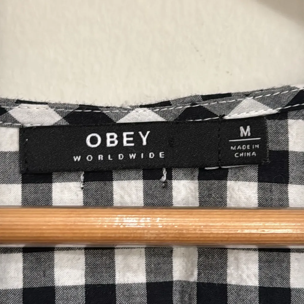 Obey Black/White Checkered Button Down Balloon Short Sleeve Crop Top Cotton sz M - Image 7