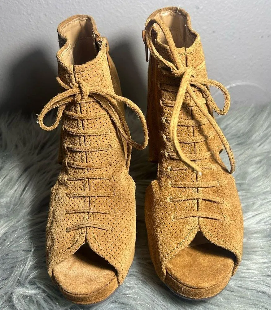 Jeffrey Campbell Mary Roks Perforated Suede Wedge Peep Toe Booties Tan Sz 9 - Image 3