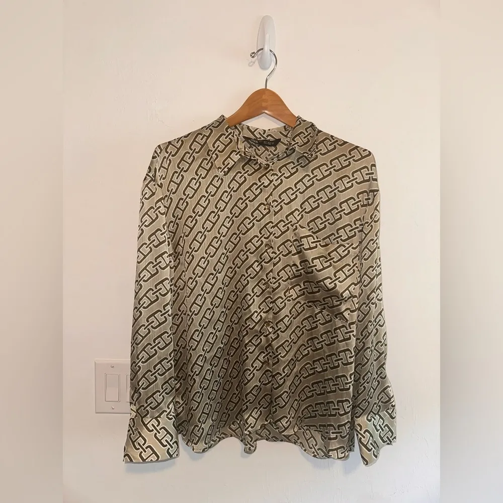 Zara Gold Brown Chain Link‎ Printed Button Down Sz M - Image 5
