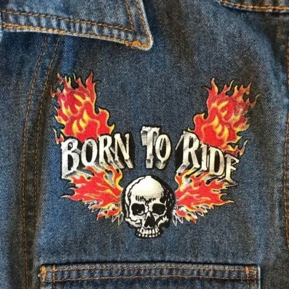 Biker design denim cropped shirt with tie front skull & Fire flames cotton med Blue - Image 5