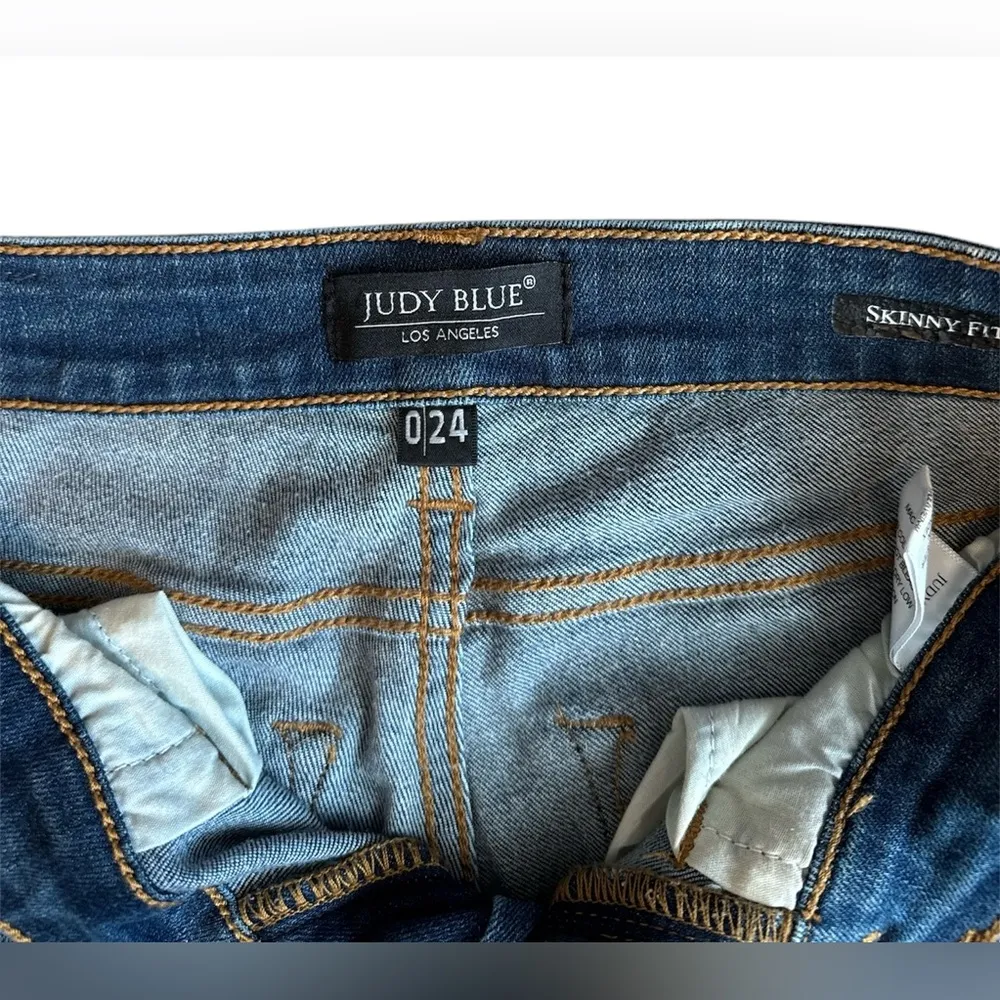 JUDY BLUE Green Blue Plaid Patch Skinny Fit Jeans Size 0/24 Women’s - Image 4