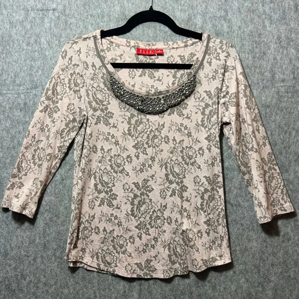 ELLE Floral Print Top with Beaded Neckline‎ Gray Pink Long Sleeve Blouse Size S - Image 9