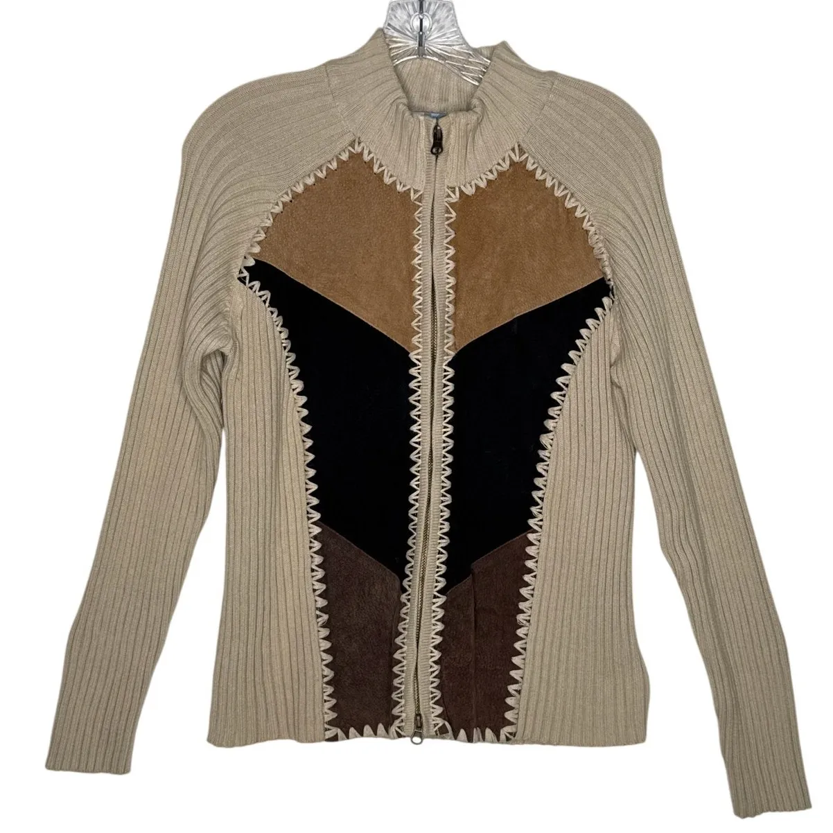 Vintage Kikit by Maurice Sasson Leather Knit sweater zipper jacket 90s Western M Tan Size M - Image 2