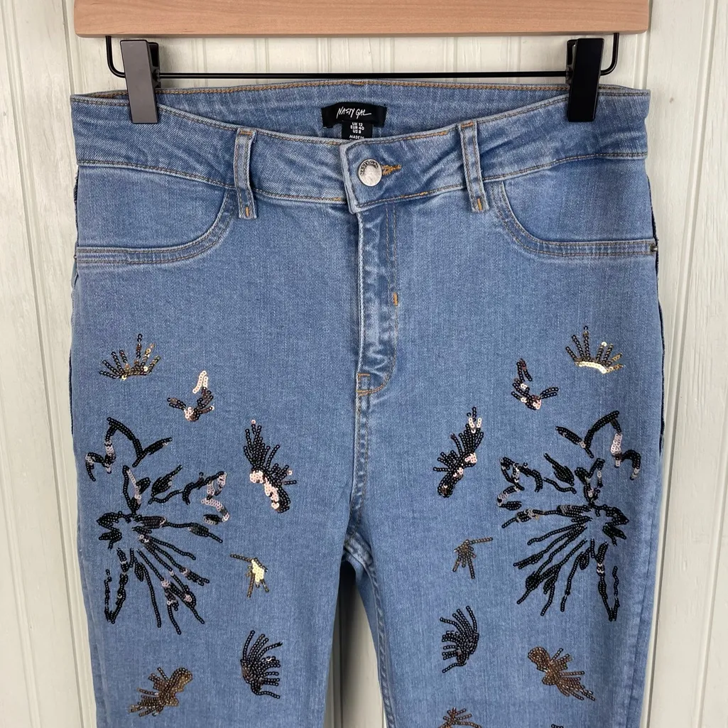 Nasty Gal Sequin Embroidered Flare Jeans Women's Size 8 Festival Boho Flower - Image 3