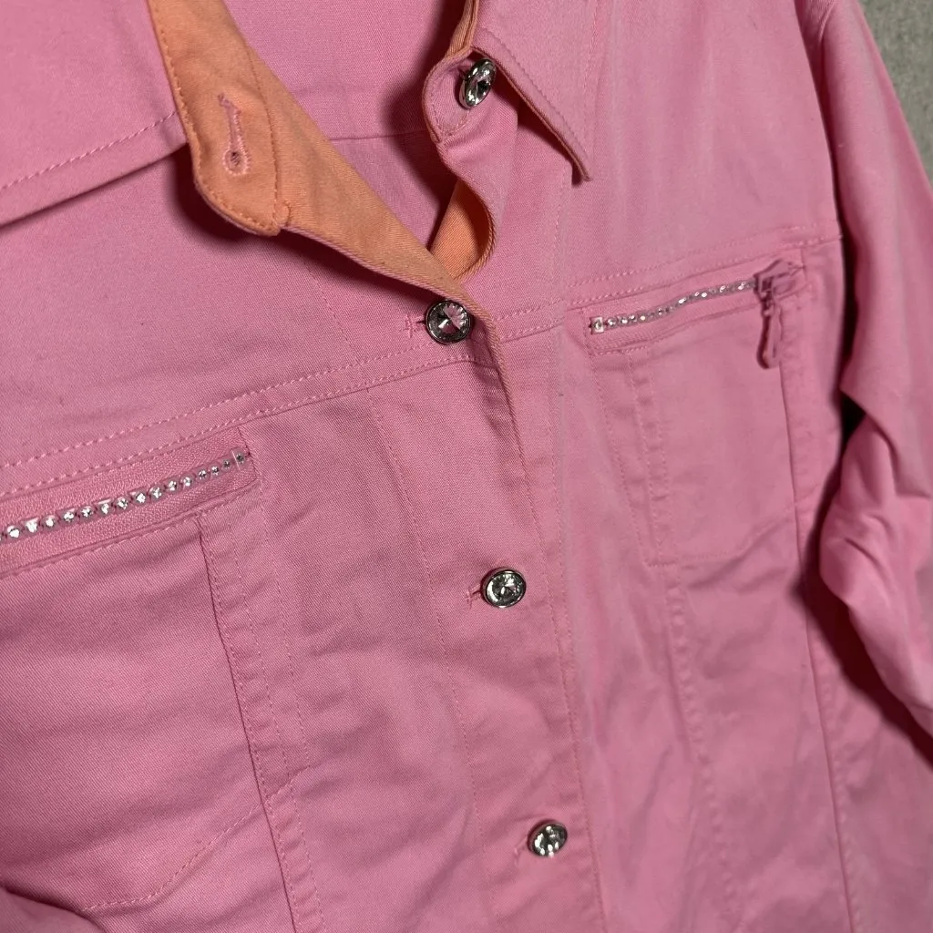 Quaker Factory XL Women Pink Jacket Button Long Sleeve Rhinestone Cotton Spandex - Image 4